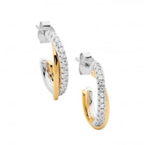 Estate Jewellery 1: Ellani Gold Plated & Sterling Silver 18mm Cross Over Oval Hoop Earrings with CZ