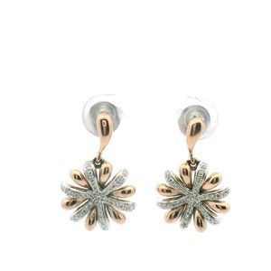 Earrings 2: 9ct Rose & White Gold Diamond Flower Drop Stud Earrings