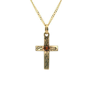 Estate 9ct Yellow Gold Garnet Engraved Cross Pendant