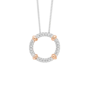 Ellani: Ellani Sterling Silver & Rose Gold Plated 16mm CZ Circle Pendant