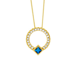 Ellani: Ellani Gold Plated 13mm Open Circle Pendant with Blue Princess Cut Bezel Set CZ