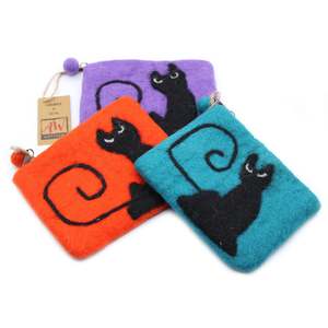 Natural Felt Zipper Pouch - Black Cat