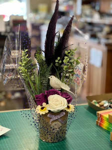 Soap Flower Boxes: Soap Flower Box with Purple Partridge Feathers & White dove