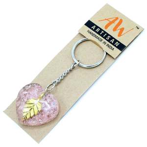 Orgonite: Orgonite Power Keyring - Rose Quartz Heart Golden Leaf