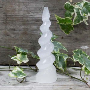 Selenite Wands Shapes: Selenite Spiral Unicorn Horn Tower - 15 cm