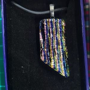 Glass Necklace - Pink, Gold & Blue Stripes
