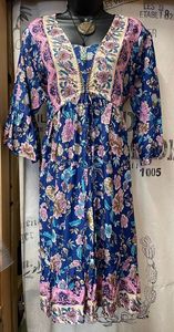 Dresses: Mid Length Sleeved Dress - Blue/Pink Floral