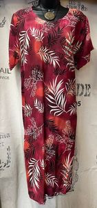 Dresses: Mid Length Round Neck T-shirt Dress - Red Leaf Print