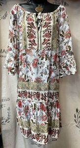 Mid Length Sleeved Dress with Tie Top - White with Blush Floral Print