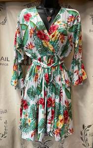 Dresses: Tie Waist Tropical Dress - White/Green
