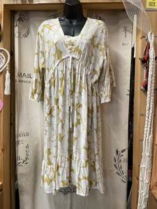 Dresses: Mid Length Dress - Floral - White/Yellow