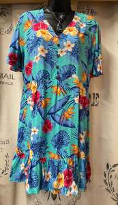 Dresses: Mid Length Tropical Dress - Blue