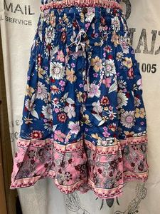 Skirts: Short Blue/Pink Floral Skirt with Buttons