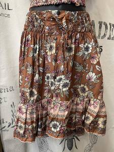 Skirts: Short Caramel Floral Skirt with Buttons