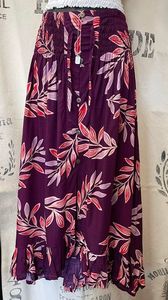 Skirts: Burgundy Leaf Print Skirt with Buttons