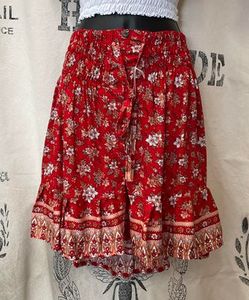 Short Red Floral Skirt with Buttons