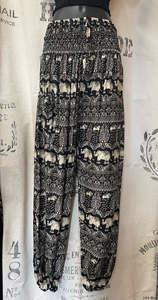 Long Pants: Elephant Print Pants - Black/Cream