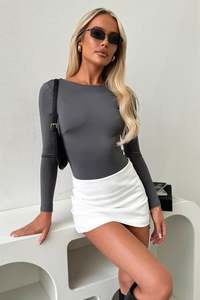 Eve Long Sleeve Backless Bodysuit - Charcoal
