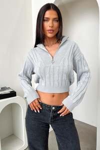 Knits Jumpers: Aleena 3/4 Zip Cropped Knit - Grey