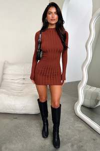 Emily Long Sleeve Turtle Neck Dress - Brown