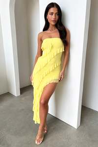 Midi Dresses: Jadore Strapless Ruffle Midi Dress - Yellow