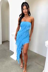 Jadore Strapless Ruffle Midi Dress - Blue