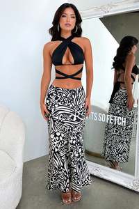 Two Piece Sets: Santorini Maxi Skirt - Black / White Print
