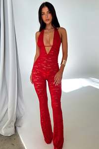 Playsuits Jumpsuits: Nayla Lace Jumpsuit - Red