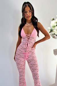 Playsuits Jumpsuits: Alfonzo Lace Jumpsuit - Baby Pink