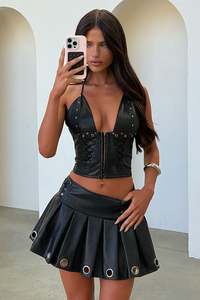 Sets: Braska Faux Leather Pleated Mini Skirt - Black