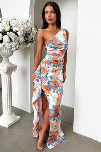 Formal Dresses: Elianna One Shoulder Satin Maxi Dress - Blue Floral