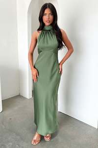 Formal Dresses: Daphne High Neck Maxi Dress - Olive