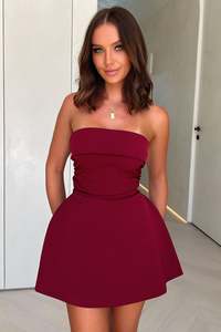 Formal Dresses: Evonne Strapless Mini Dress - Burgundy