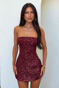 Formal Dresses: Arletta Strapless Sequin Mini Dress - Wine