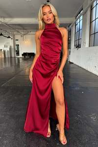 Arabelle High Neck Satin Maxi Dress - Burgundy