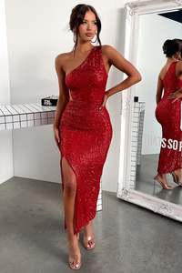 Dura One Shoulder Sequin Midi Dress - Red Sequin