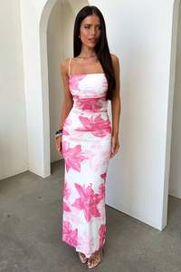 Formal Dresses: Camille Ruched Maxi Dress - Pink Floral