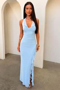 Formal Dresses: Cambria Cowl Neck Mesh Maxi Dress - Blue