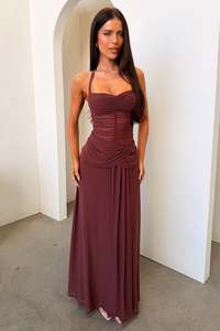 Formal Dresses: Gabrielle Halterneck Mesh Maxi Dress - Brown