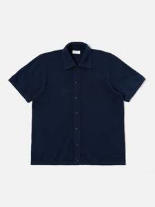 Shirts: Button through polo in checkerboard knit - navy