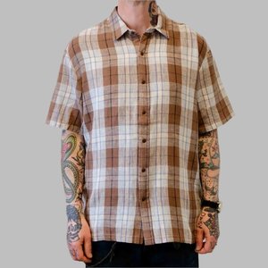 Shirts: Linen Blend S/S Shirt - Pinecone Brown/ Coronet Blue