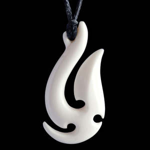 Matau Hook with Koru (2 Sizes), engraved hand-crafted bone pendant