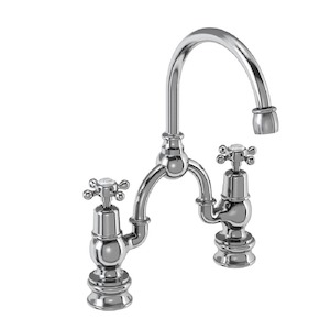 Basin Taps: Burlington Claremont Regent Two Tap Hole Arch Mixer with Curved Spout (200mm Centres) | Chrome Black