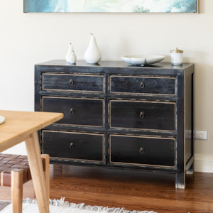 On Pre Order: ORIENTAL PAINTED 6 DRAWER DRESSER | ANTIQUE BLACK