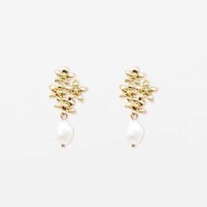 Large Drop Earrings: Gold Flower with Pearl Drop Earrings