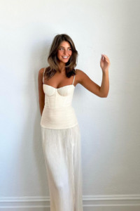 Midi: Double Time Pleat Dress in Cream