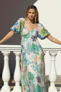 Ivy Jack: IVY + JACK Posy Sweetheart Puff Sleeve Dress Blue Posy Print