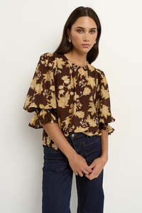 IVY+JACK Candid Chocolate Floral Frlll Sleeve Crew Neck Top