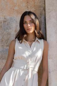 AMONG THE BRAVE Crescent Denim Dress Ecru