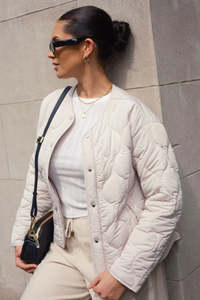 STORIES BE TOLD Apex Collarless Puffer Jacket Putty